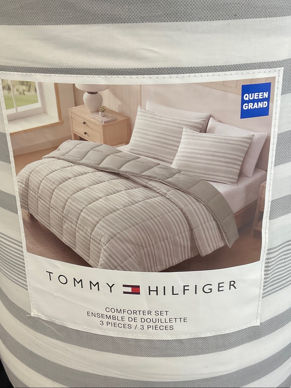 Tommy Hilfiger Gray & White Striped Comforter Set. 3 Pieces. Never opened.